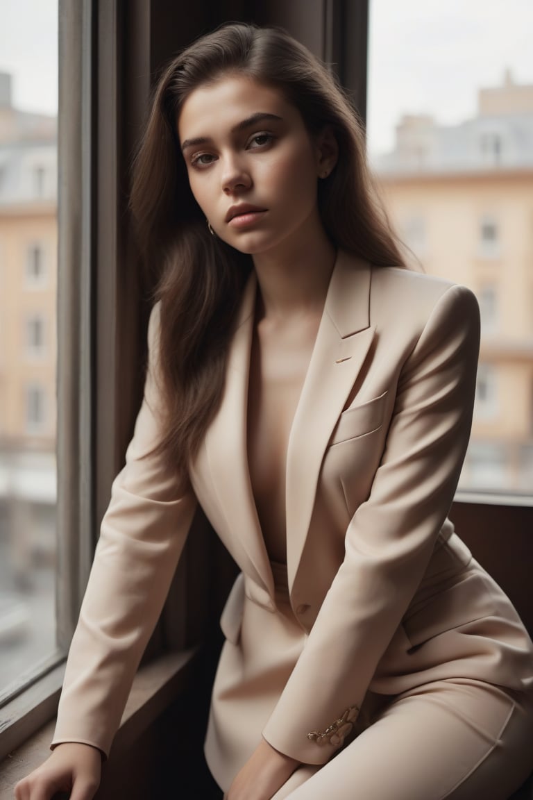 image in warm tones of a young beautiful woman sitting in a cafe next to a window from where she contemplates the city. seen sensual, revealing and classy clothes