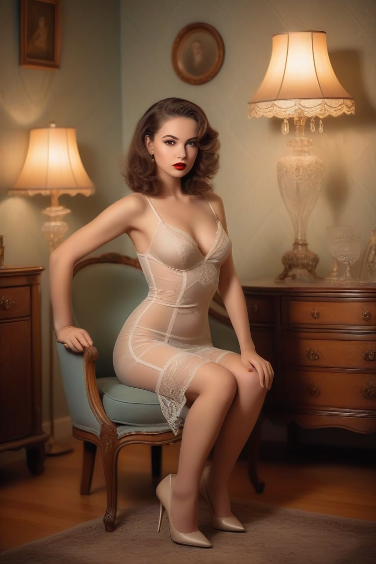 A beautiful young woman in a vintage setting, posing flirtatiously and boldly in her home. She is wearing elegant, vrey transparent, sexy and revealing clothing that captures a retro style. The outfit might include a fitted very transparent dress with lace or silk details, high heels, and vintage accessories. She stands or sits in a tastefully decorated room with vintage furniture and decor, such as a classic armchair, a wooden vanity, and antique lamps. The lighting is soft and warm, creating a nostalgic and intimate atmosphere,1girl,baby face woman