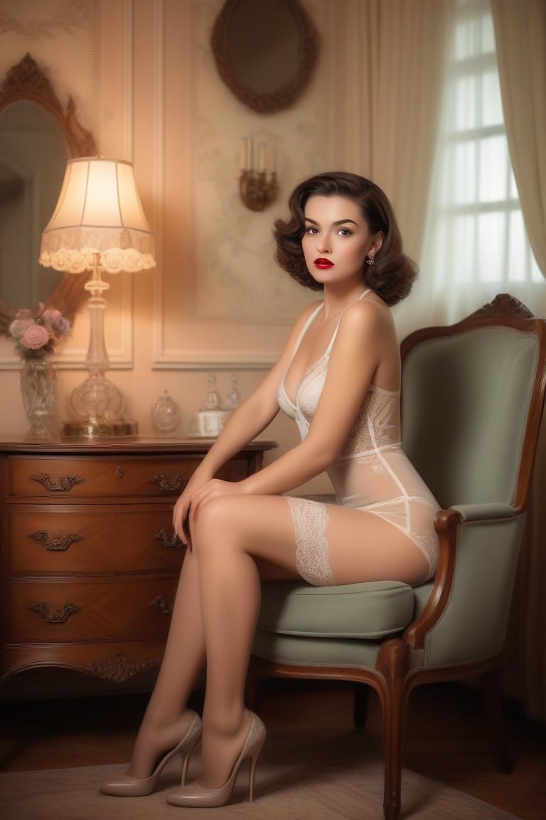 A beautiful young woman in a vintage setting, posing flirtatiously and boldly in her home. She is wearing elegant, vrey transparent, sexy and revealing clothing that captures a retro style. The outfit might include a fitted very transparent dress with lace or silk details, high heels, and vintage accessories. She stands or sits in a tastefully decorated room with vintage furniture and decor, such as a classic armchair, a wooden vanity, and antique lamps. The lighting is soft and warm, creating a nostalgic and intimate atmosphere,1girl,baby face woman