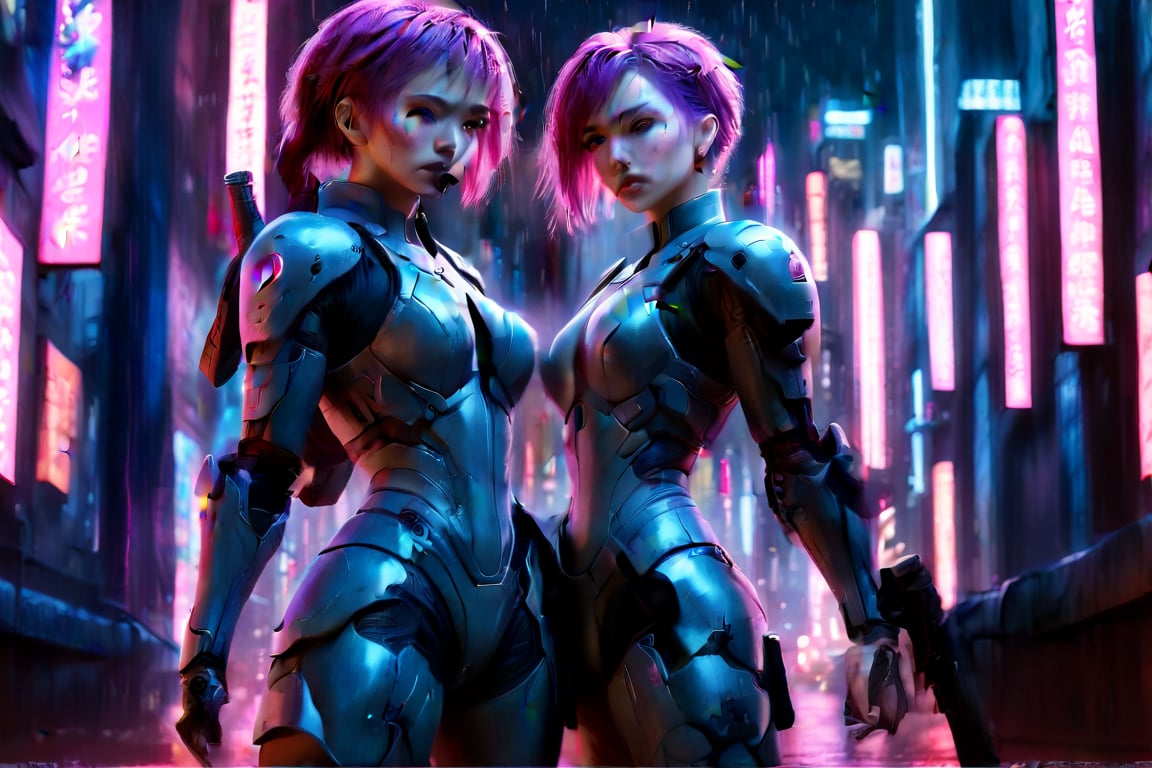 image with red lighting, violet shadows and pink lights, a very young warrior woman, wearing only a small, sexy and revealing armor, watches the city from the top of the buildings, it is dark and it is raining.