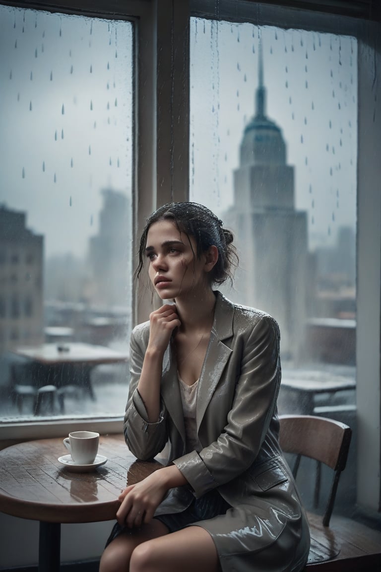 image in cold tones of a young beautiful woman sitting in a cafe, next to a window contemplating the rain over the city. seen elegant, sensual, and revealing clothes