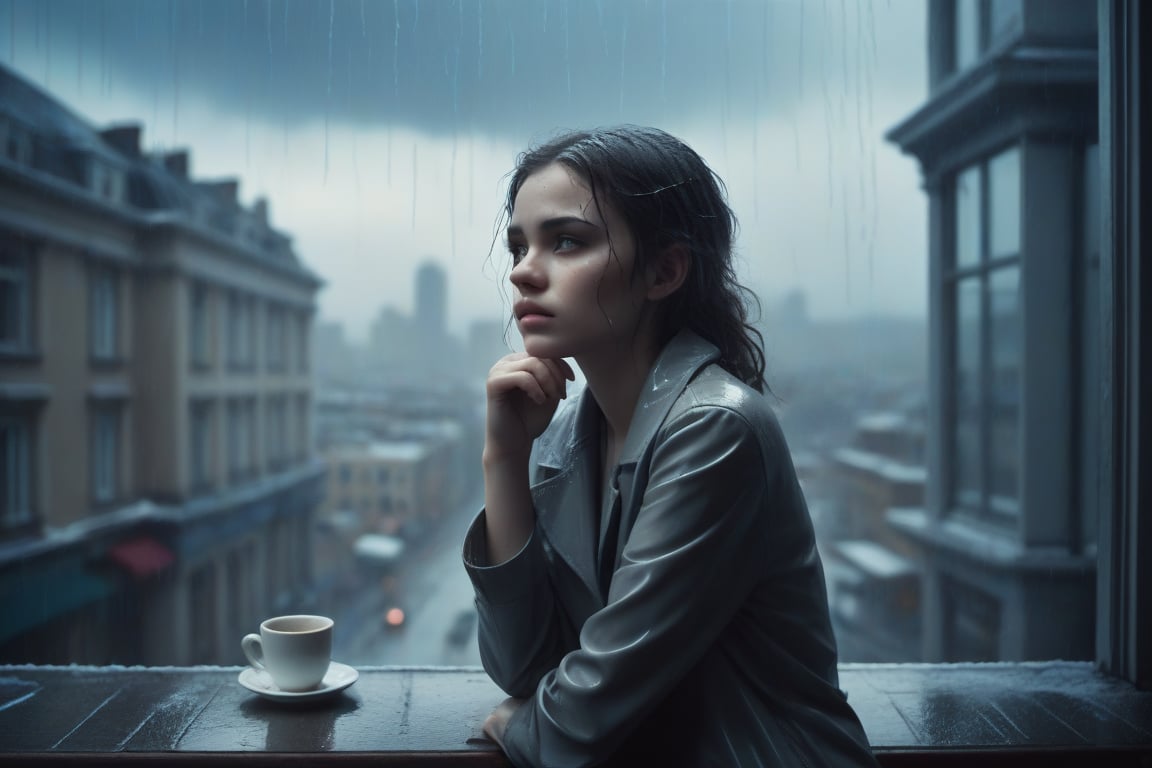 image in cold tones of a young beautiful woman sitting in a cafe, next to a window contemplating the rain over the city. seen elegant, sensual, and revealing clothes
