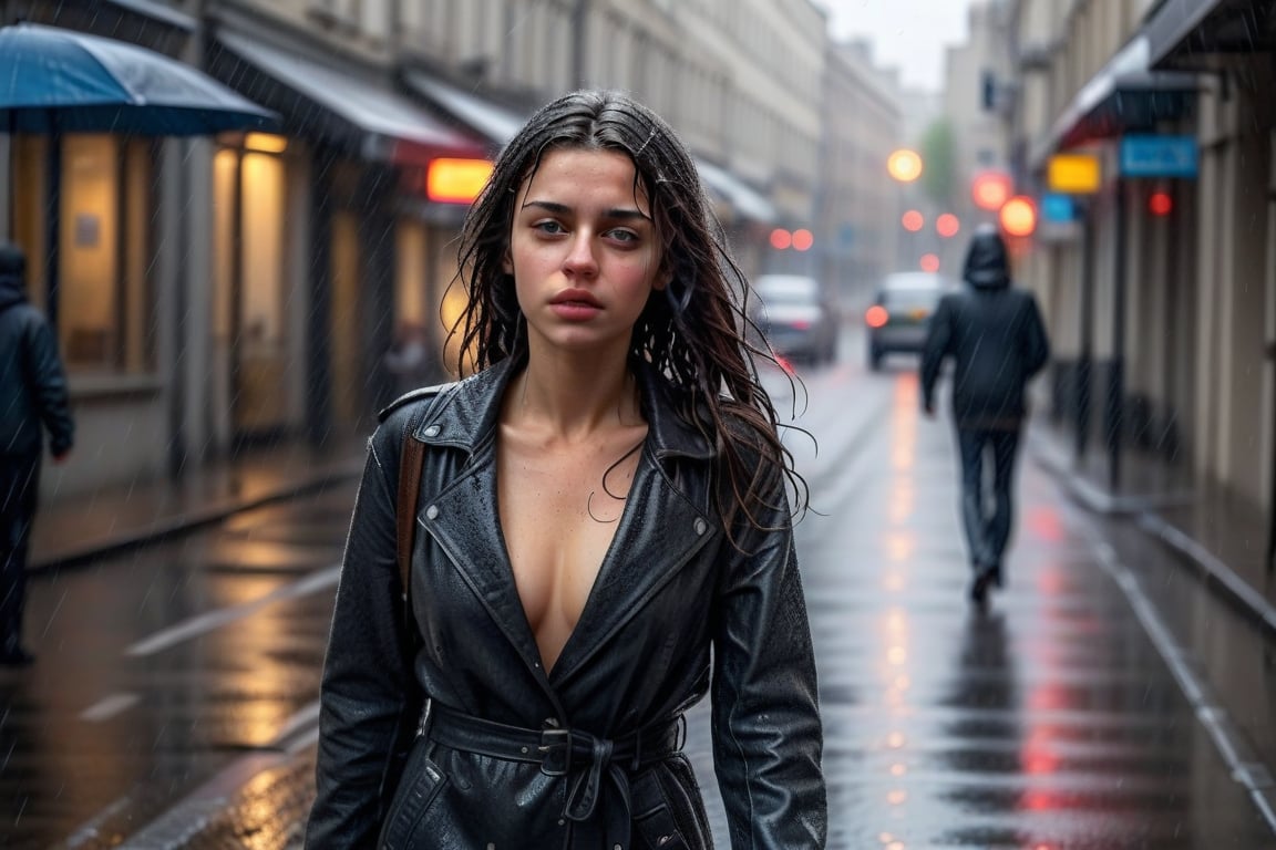 young woman walking sensually down the street in the rain, tries to seduce the viewer with her indifference,photo r3al,More Reasonable Details