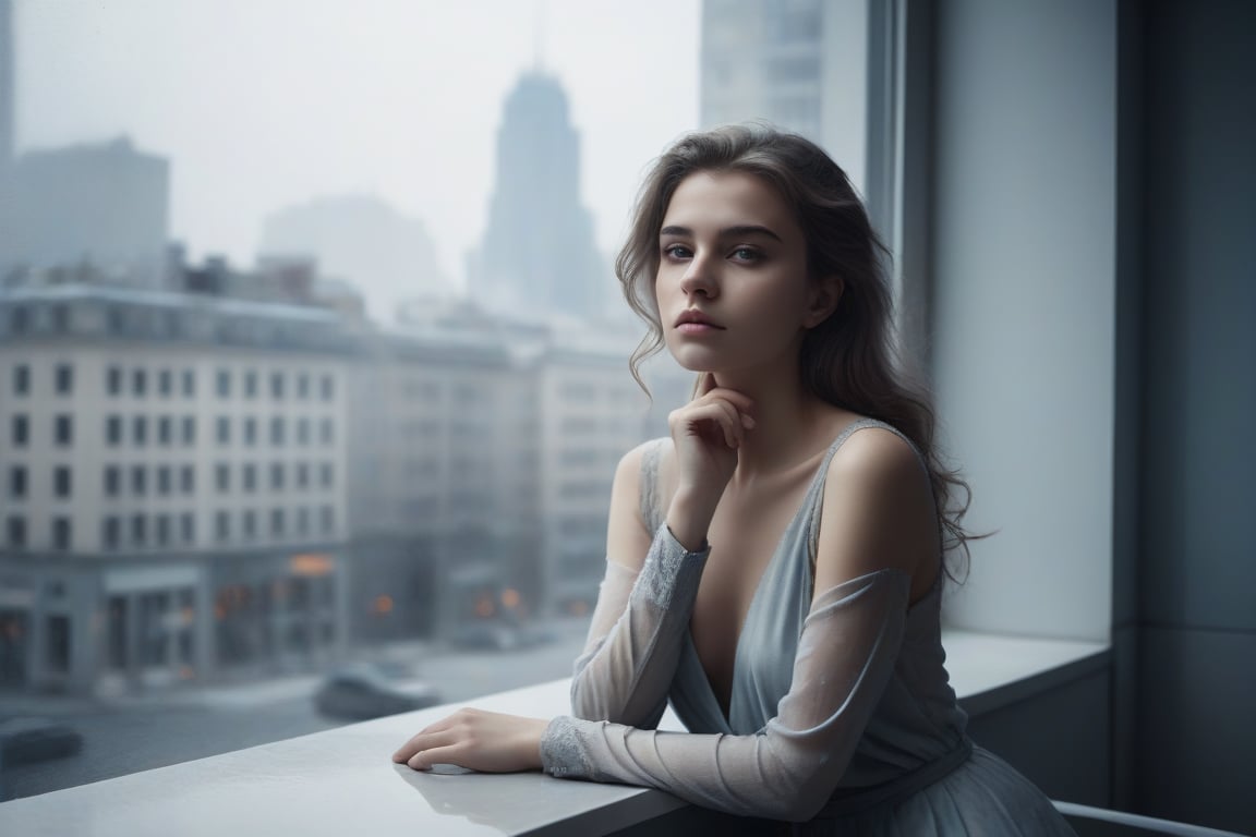 image in cold tones of a young beautiful woman sitting in a cafe, next to a window contemplating the city. seen elegant, sensual, and revealing clothes