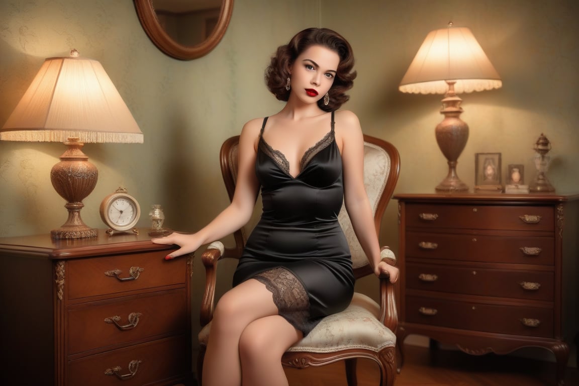 A beautiful young woman in a vintage setting, posing flirtatiously and boldly in her home. She is wearing elegant, sexy and revealing clothing that captures a retro style. The outfit might include a fitted dress with lace or silk details, high heels, and vintage accessories. She stands or sits in a tastefully decorated room with vintage furniture and decor, such as a classic armchair, a wooden vanity, and antique lamps. The lighting is soft and warm, creating a nostalgic and intimate atmosphere