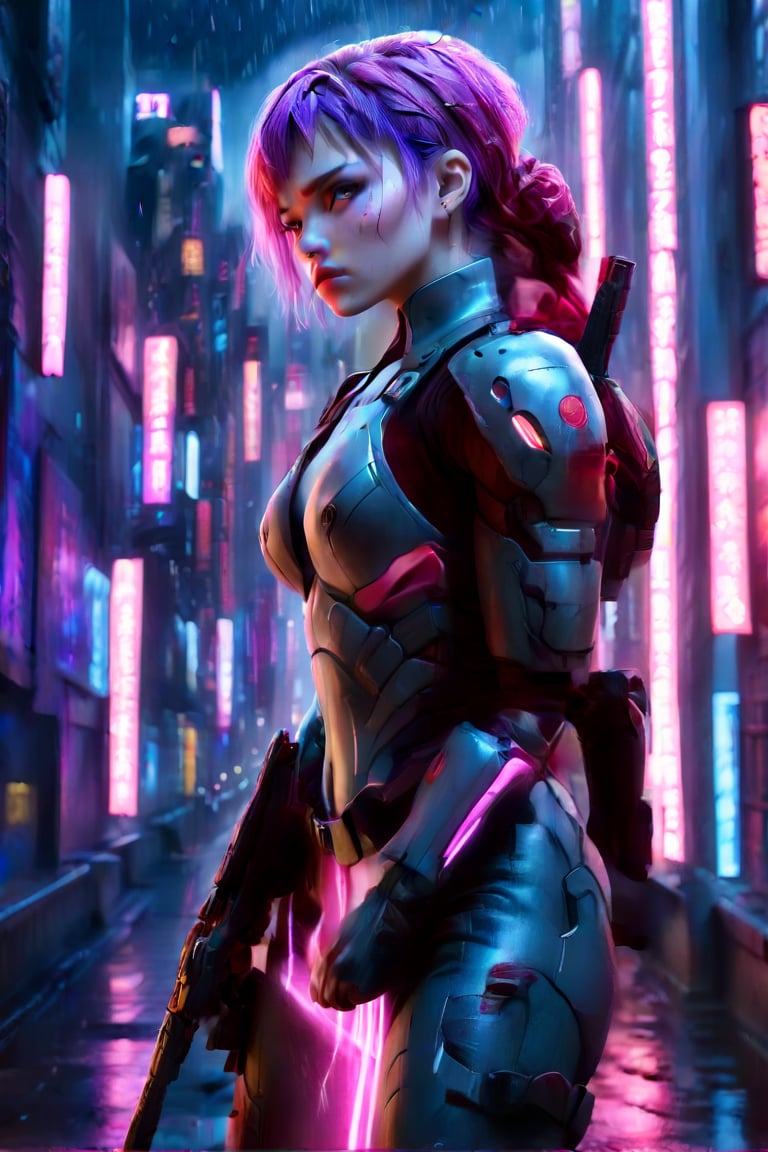 image with red lighting, violet shadows and pink lights, a very young warrior woman watches the city from the top of the buildings, it is dark and it is raining.