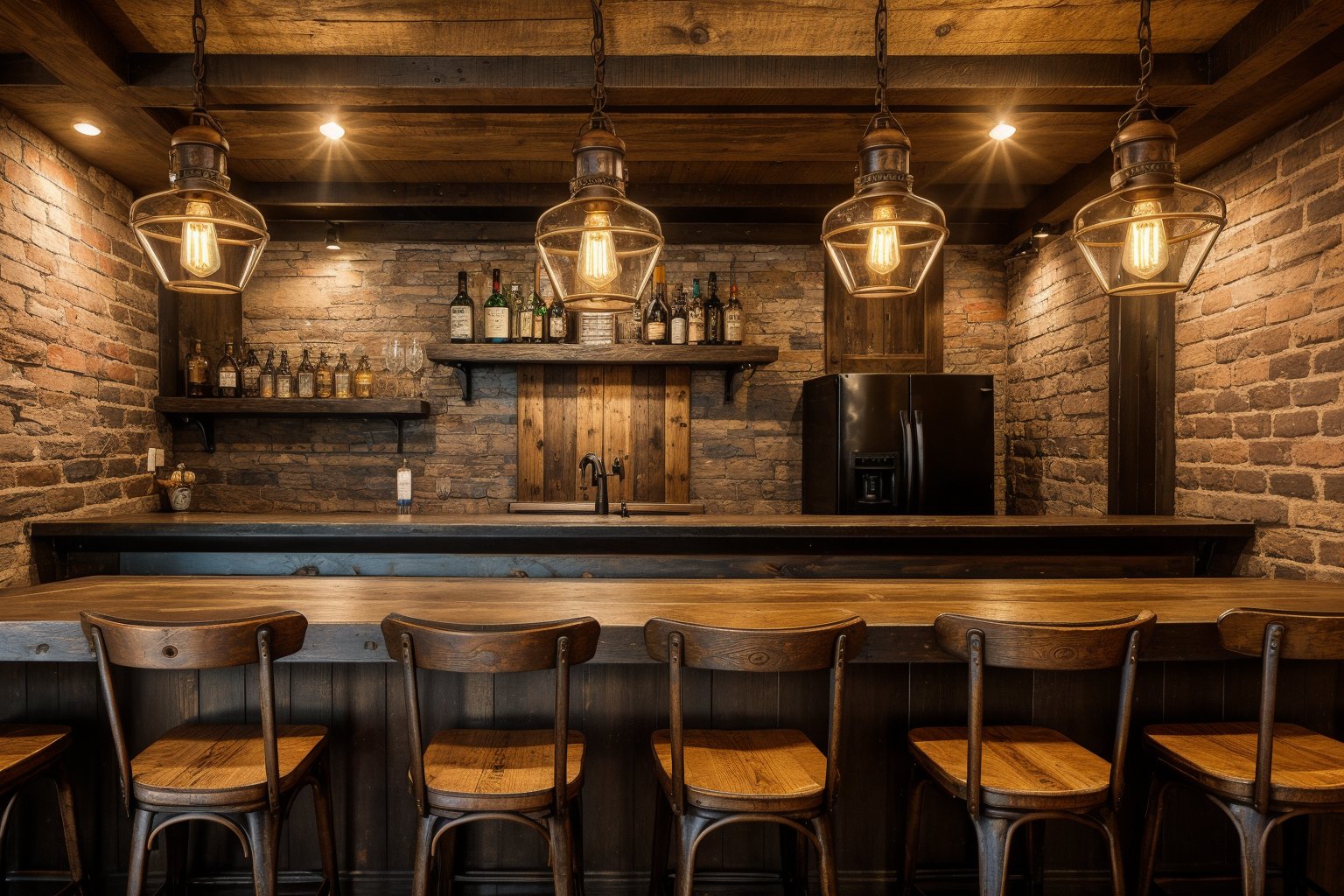 (best quality,16K,highres,masterpiece), ultra-detailed, (photo-realistic, lifelike) depiction of a Rustic Chic Bar. The cozy and inviting atmosphere features a blend of rustic and chic elements. Materials include reclaimed wood, exposed brick, and wrought iron. Key features are a large, wooden bar counter with a distressed finish, open shelving with metal brackets, and vintage-style lighting fixtures such as pendant lights or Edison bulbs. Seating includes comfortable, upholstered bar stools with a rustic touch. Decor incorporates antique items like old signs, vintage bottles, and woven baskets. md, Nayuta Nordic Modern Interior Design, ultrarealistic, photoreal. Using 24mm lens, Hdr, 8k, beautifully color graded, super detailed, hyper realistic.