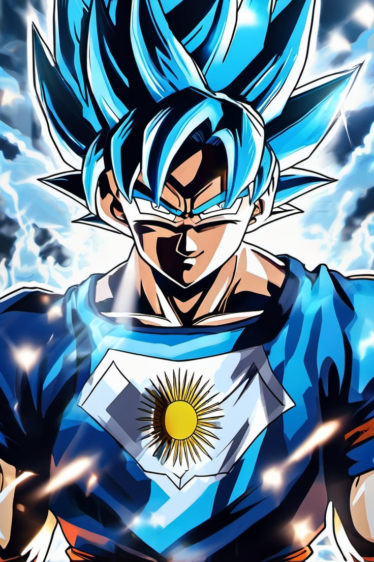 Sayayin,
argentine flag background,epic, light blue and white magic effect,
 1boy,high resolution
,Goku,DonM3lv3nM4g1cXL