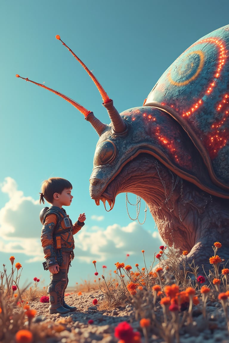 ((masterpiece)), highly detailed, digital illustration, a young girl standing on a vast, alien landscape, interacting with a gigantic snail with glowing patterns on its shell, the snail’s antennae waving gently as it gazes at her, surreal and dreamlike atmosphere, blending elements of science fiction and fantasy, the girl’s futuristic outfit adorned with small gadgets and lights, vibrant colors contrasting with the strange, otherworldly environment, a sense of curiosity and wonder",Mysticstyle,Add more detail