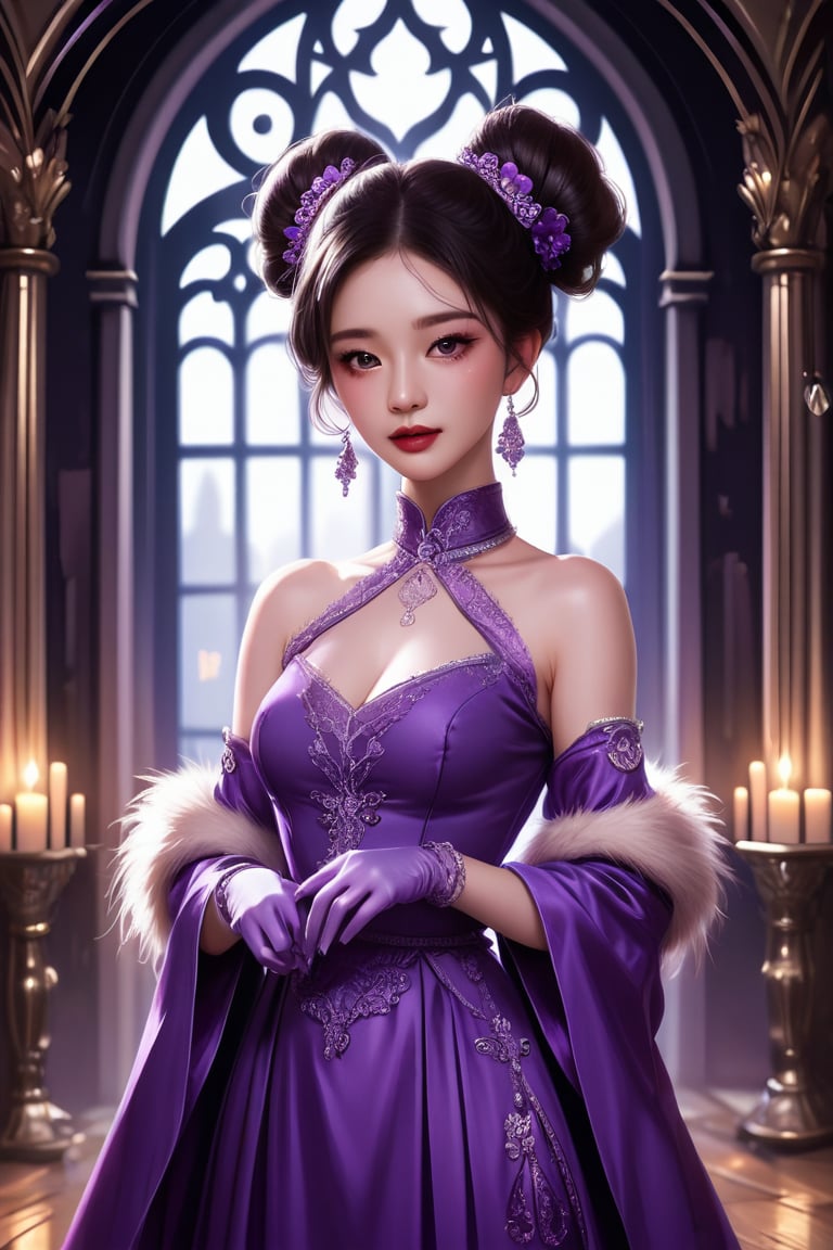 (2D) anime 1woman in elegant purple ao dai, magic, medium length hair in double bun, fur-trimmed gloves, (medium bust), hair ornaments, detailed face, beautiful eyes, jewelry fantasy gothic castle interior setting a masterpiece of intricate night scene dynamic perspective ambient lighting 4k resolution extremely detailed