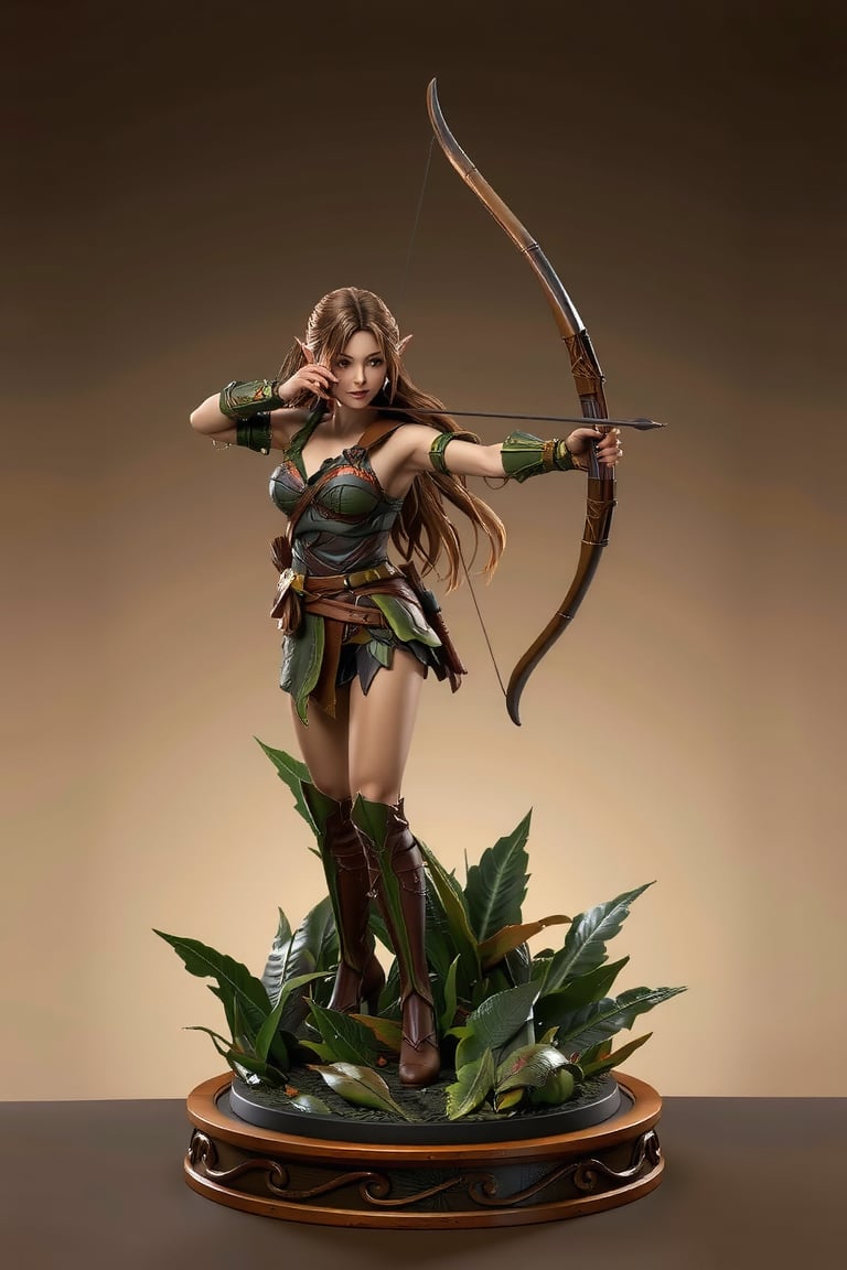 3D rendering, plastic figure, base base, female elf archer standing on a circular base simulating a grassy field, bow raised and ready to shoot. She wears dark green and brown armor made of leather and leaves, soft gradient brown background, soft light shining on her to highlight her