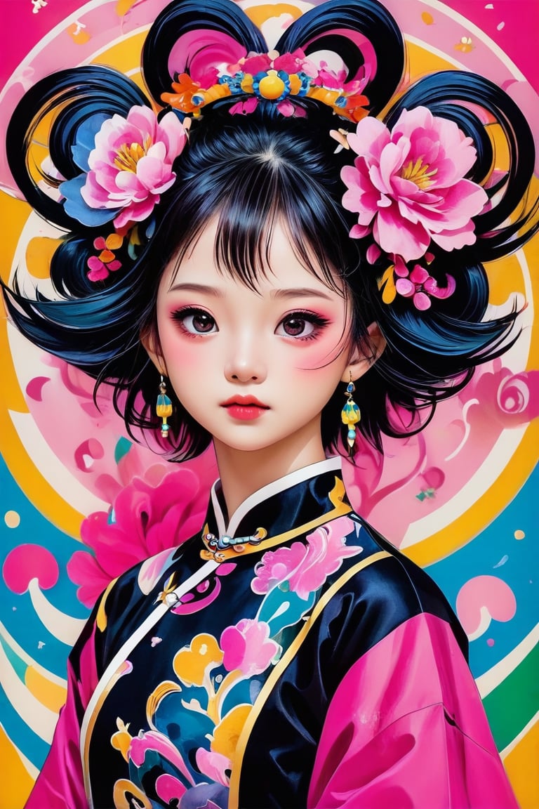 A girl with an elaborate hairstyle with a mix of black and pink tones, which may suggest a creative or rebellious personality. The presence of a colorful background may indicate a sense of liveliness or action associated with the character. She is wearing an elaborate AO DAI with a mix of black and pink tones. The overall layout and style indicate a narrative genre such as a comic or graphic novel, full body shot