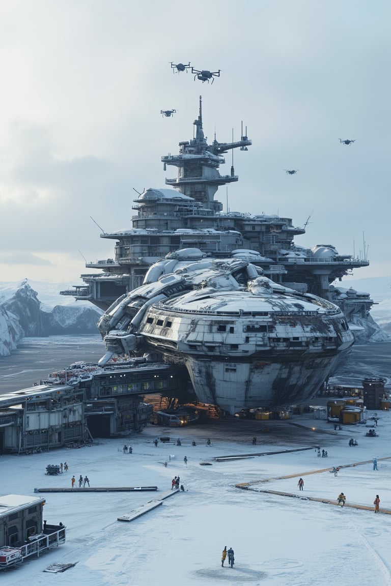 Masterpiece, professional, Top Quality, High Definition, high detail, perfect detail,ultra detailed, 8K, absurd, photorealistic, realistic photo, ultra realistic photo, raw photo, 3D rendering, 3D model, sci-fi, next to a futuristic hanger base, Colossal sized white and black metallic colored Warship parked on the snowy ground, damged , dirty, cargo gangway taking cargo on board, drones flying around welding, ground crew, hazy, super cool, perfect details, amazing details, incredible details, ultimate details, detailed background, dramatic composition, very clear--niji 6,real robot