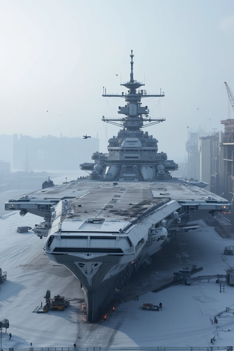 Masterpiece, professional, Top Quality, High Definition, high detail, perfect detail,ultra detailed, 8K, absurd, photorealistic, realistic photo, ultra realistic photo, raw photo, 3D rendering, 3D model, sci-fi, next to a futuristic hanger base, Colossal sized white and black metallic colored Warship parked on the snowy ground, damged , dirty, cargo gangway taking cargo on board, drones flying around welding, ground crew, hazy, super cool, perfect details, amazing details, incredible details, ultimate details, detailed background, dramatic composition, very clear--niji 6,real robot