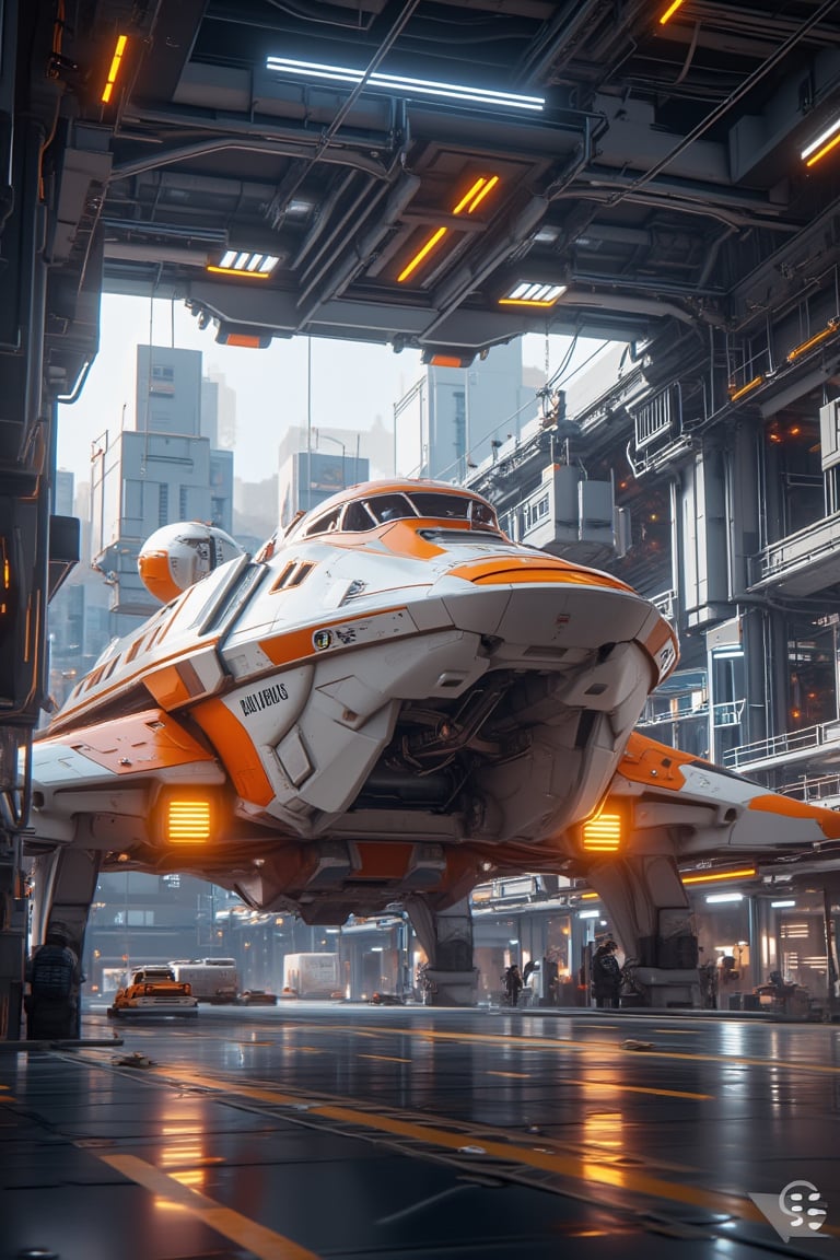 Masterpiece, Professional, Top Quality, High Resolution, Highly Detailed, Perfectly Detailed, punkstyle01, A large,white and orange spaceship inside a futuristic hangar with bright,warm lighting. The camera is low to the ground,looking up at the ship,with a shallow depth of field. The background is a blurred cityscape.,