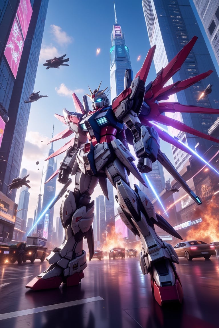 A dynamic close-up shot of a gundam warrior in action, his metallic body glistening under neon lights, clashing with enemies on the busy streets of a futuristic city. Exploding vehicles and fire create a chaotic scene. The backdrop features towering skyscrapers with holographic advertisements and flying vehicles whizzing by. The warrior's pose is aggressive, with his glowing energy weapon activated and wings of light emanating from the backpack on his back. The scene is lit with a combination of artificial and natural lighting, creating dramatic shadows.