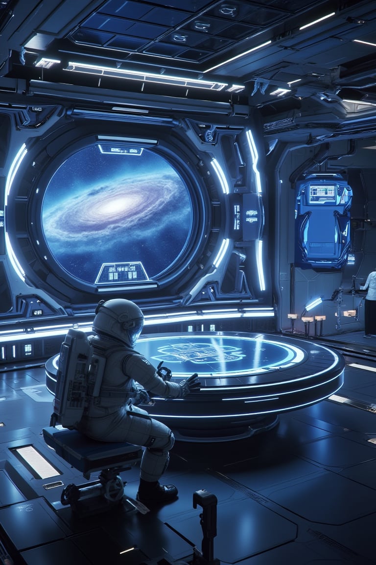 A futuristic spaceships interior, with sleek metallic walls and glowing blue accents, reveals a hub of technological innovation. A circular console dominates the center, surrounded by holographic screens and humming machinery. A lone astronaut sits poised, hands grasping a control stick, as the ships main viewscreen displays a swirling nebula outside.,Mecha