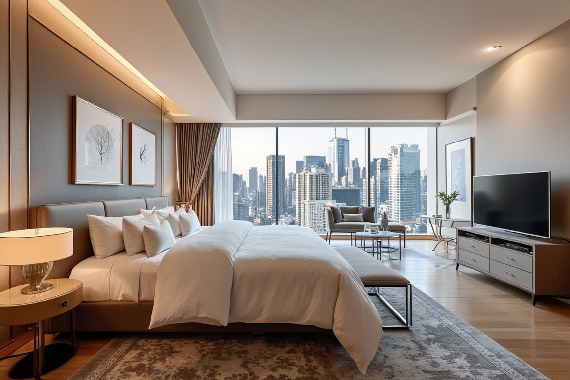 A luxurious modern bedroom in a high-end apartment, featuring a king-sized bed with an elegant upholstered headboard and neutral-colored bedding. Two sleek nightstands with contemporary lamps on either side of the bed, a plush area rug on a wooden floor, and a floor-to-ceiling window with a breathtaking city view partially covered by sheer curtains. A cozy reading nook with a designer chair and a small bookshelf, a large flat-screen TV mounted on the wall opposite the bed, modern artwork on the walls, and warm ambient lighting.
