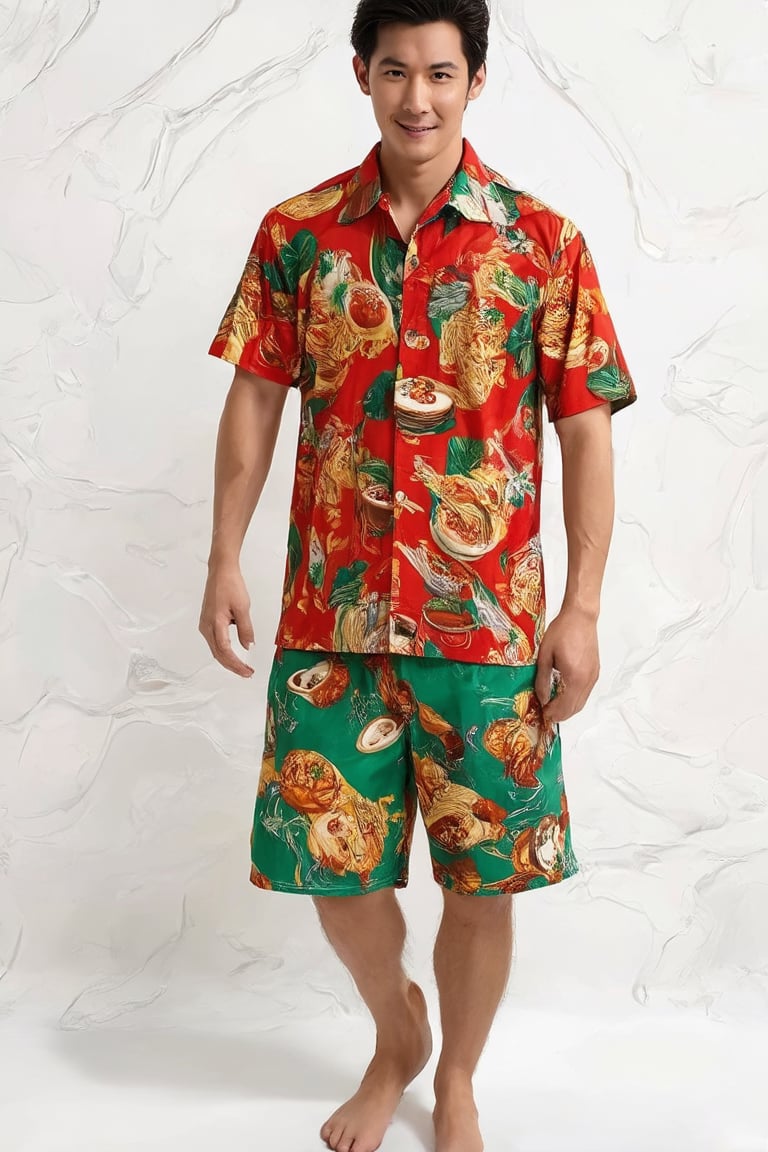 The image is a digital illustration featuring a male figure standing against a textured white background. The figure is depicted in a relaxed pose with one hand slightly touching the front of his outfit. His attire consists of a unique shirt and shorts that are patterned with various food items, including noodles, vegetables, and meats, suggesting a culinary theme. The colors in the pattern are vibrant, with reds, greens, and browns prominently featured. The illustration style is detailed, with clear outlines and shading that give depth to the design. There is no additional context provided beyond the figure and his attire.