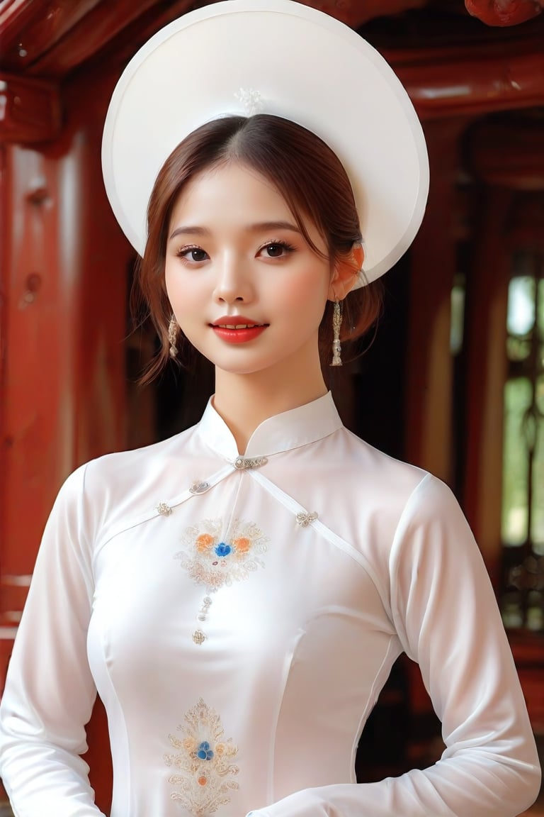 1girl,best quality,masterpiece,illustration,an extremely,  white Ao Dai,  long sleeve, Vietnamese traditional turban, delicate and beautiful,CG,unity,8k wallpaper,Amazing,finely detail,masterpiece,official art,extremely detailed CG unity 8k wallpaper,incredibly absurdres,huge filesize,ultra-detailed,highres,extremely detailed,beautiful detailed girl,realistic, perfect light, beautiful teeth, high bun, full shot, elegant and gentle pattern