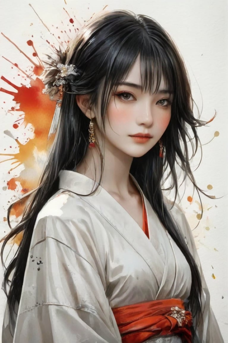 Beautiful girl. She is very cool, she is wearing a very luxurious hakama outfit. detailed image, detailed skin, upper body, looking at the viewer. White background, ((masterpiece: 1.2)), light particles, ink drops in the background, Anime style.
