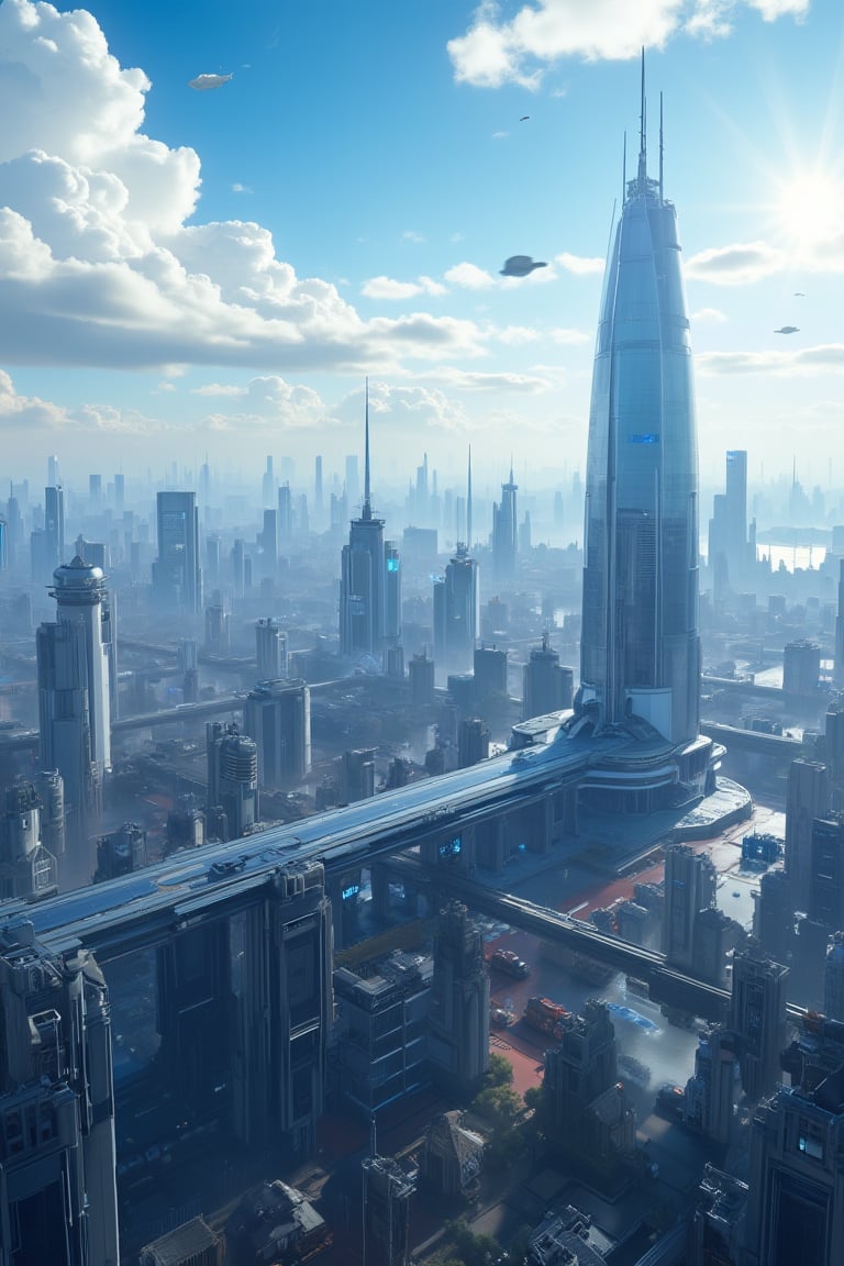 Masterpiece, Professional, Top Quality, High Resolution, Highly Detailed, Perfectly Detailed, JQZX,no humans,sky,cloud,day,outdoors,building,city,science fiction,cityscape,blue sky,skyscraper,bridge,cloudy sky,fantasy,alien technology,interstellar navigation,