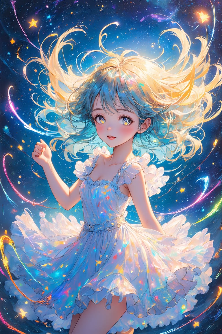 A girl with a dreamy smile, her hair waving in random blue and gold gradations, and wearing a dress with frills that sparkle like crystals. A rainbow-colored light effect spreads around her, and a fantastic night view of the starry sky spreads out in the background. The camera angle has a soft lens effect, and her figure appears vaguely, as if in a dream. The edges of the screen are decorated with twining ribbons of light. ,acryli painting,Anime style,1girl_Anime