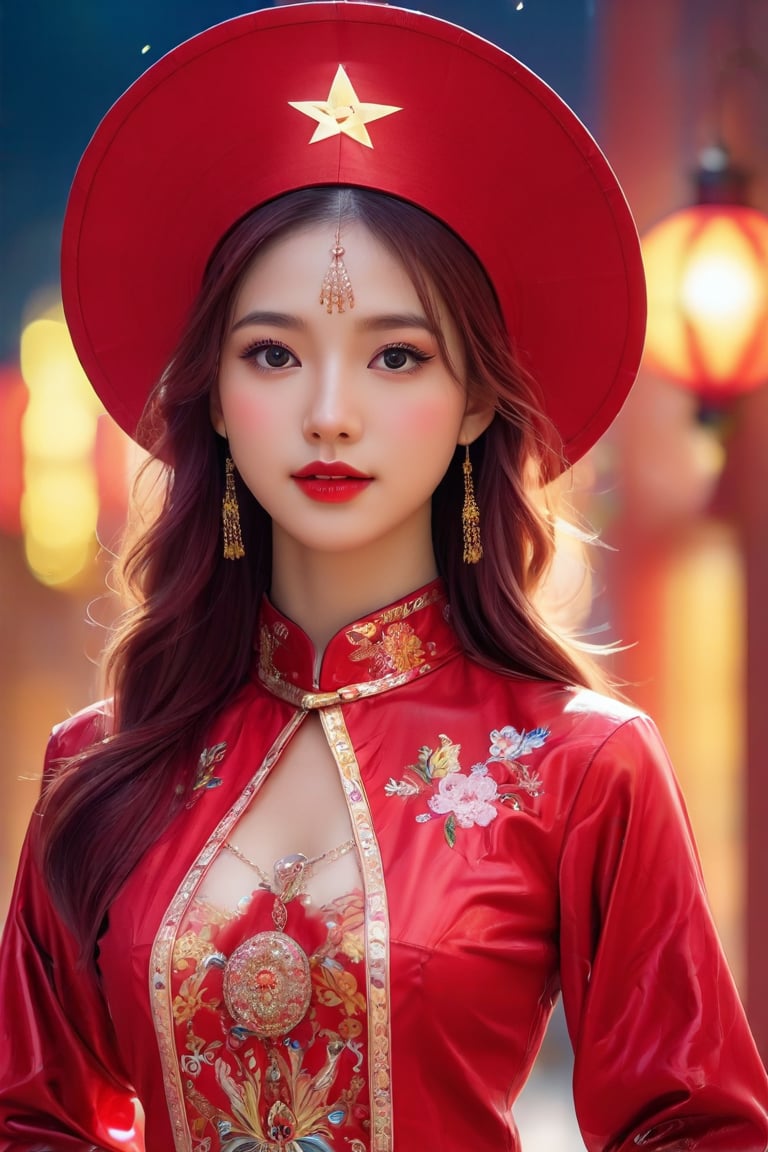 1girl,best quality,masterpiece,illustration,an extremely, red  AO DAI clothes, one Golden five-pointed star pattern on chest, The background color is red with a golden star shining golden behind the model's back, delicate and beautiful,CG,unity,8k wallpaper,Amazing,finely detail,masterpiece,official art,extremely detailed CG unity 8k wallpaper,incredibly absurdres,huge filesize,ultra-detailed,highres,extremely detailed,beautiful detailed girl,realistic, long sleeve, conical hat