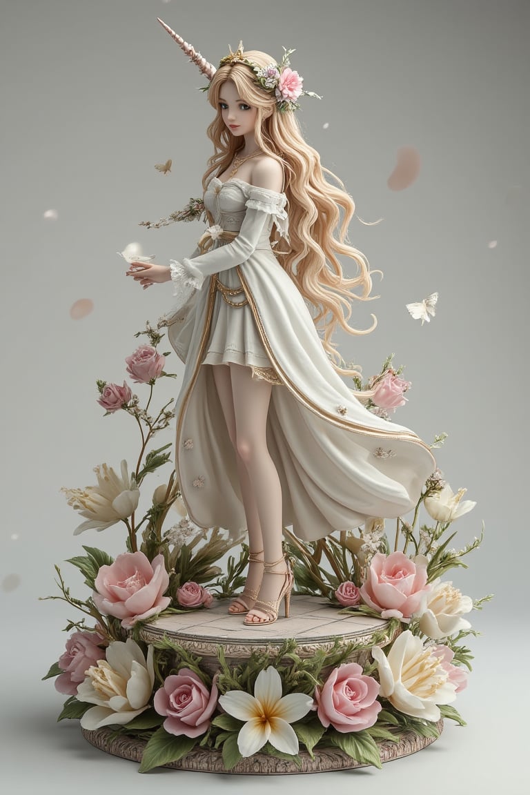 3d rendering,figure resin, basic base (( multiple figures)),(masterpiece, best quality),(detailed eyes,beautiful),(aesthetic,visual appeal),full body,side view,distance view,(1 girl), fantasy, butterfly, (1 unicorn),dreamy,flower,super detailed,more detailed,meticulous,laughter and joy,trecking,Resin