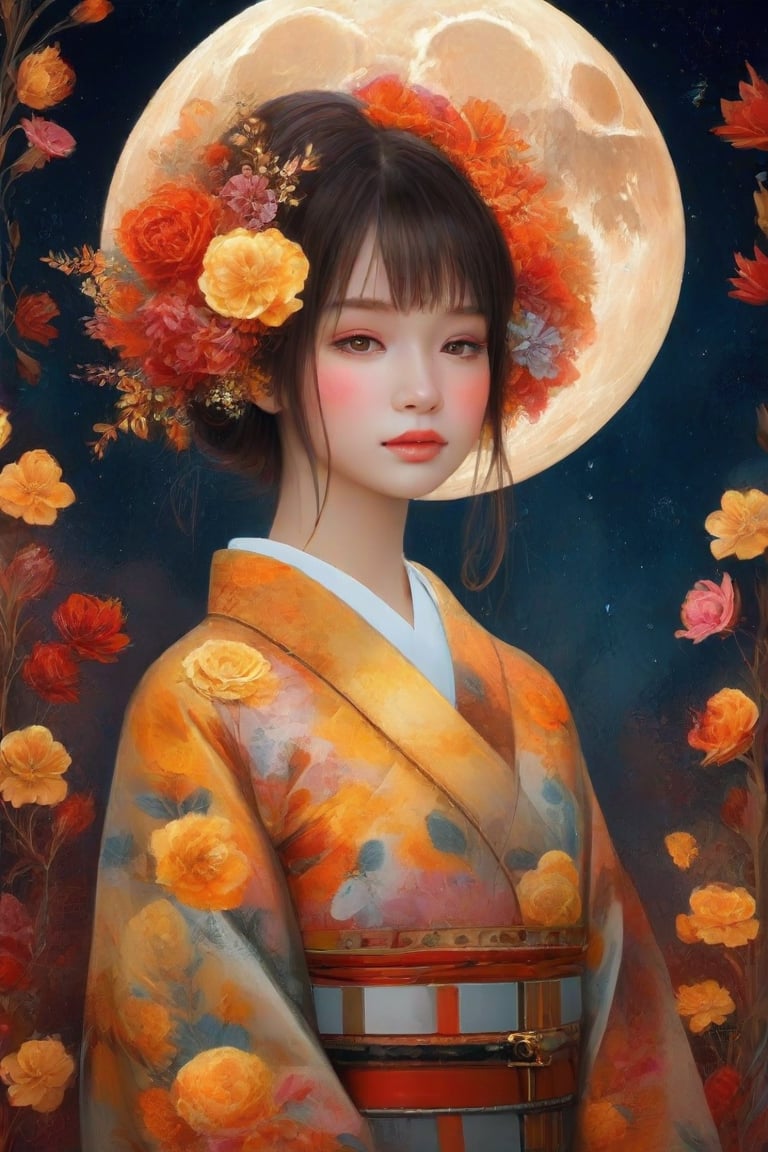 (1 girl in kimono with colorful floral pattern with wreath on her head, face in focus, medium shot, graceful, yellow petals and red flowers form intricate patterns on a moon background, reminiscent of the style of Yoann Lossel, Cyril Rolando, Nan Goldin, Lee Bontecou and Loish), Detailed texture, High quality, High resolution, High accuracy, Realism, Color correction, Appropriate lighting settings, Harmonious composition, Behance Works, detailed rendering, Watercolor, digital painting
