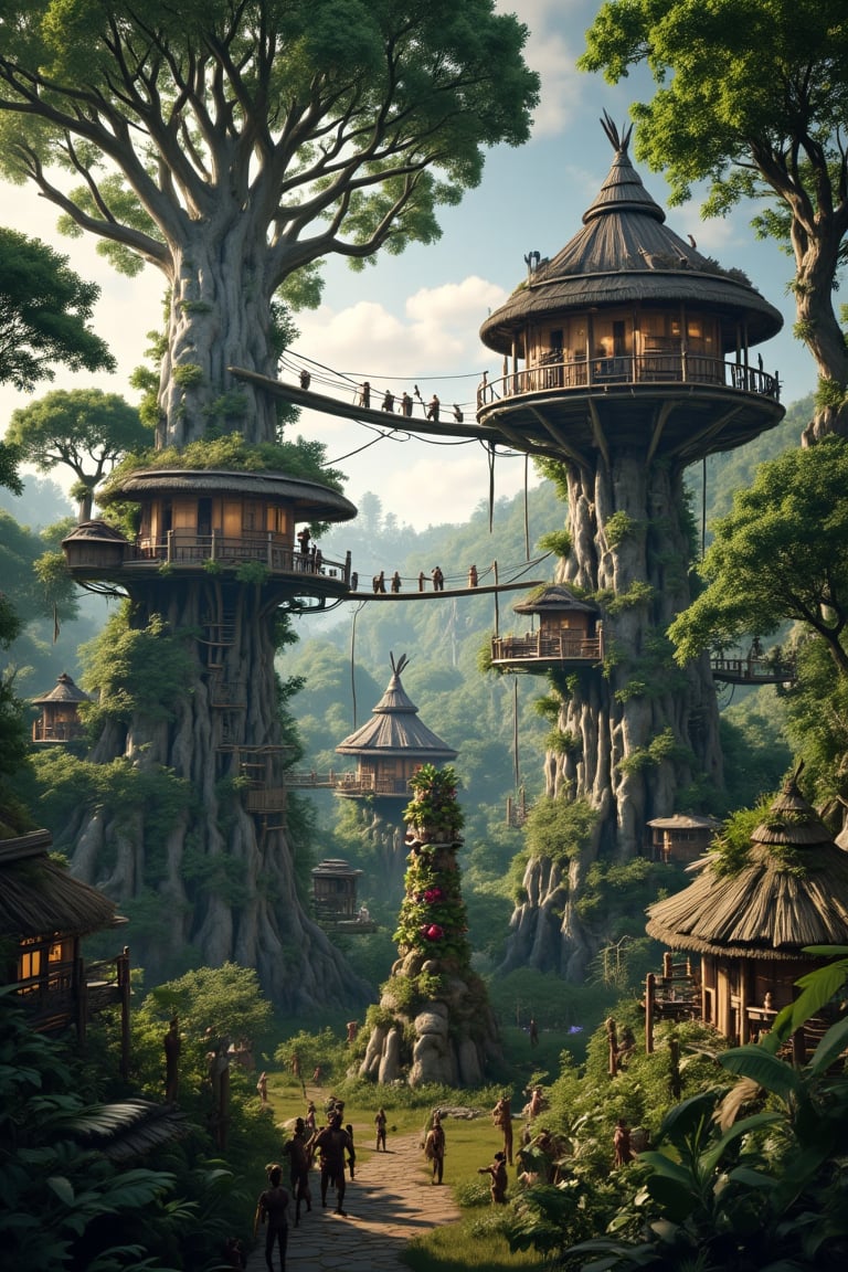 Masterpiece, professional, Top quality, High resolution, high detail, perfect detail,A vibrant tribal village nestled deep within an ancient forest. Massive trees tower overhead, their thick branches supporting large treehouses made of wood, vines, and leaves. Each treehouse is intricately designed with ladders, rope bridges, and natural elements, blending seamlessly with the surroundings. The village is alive with the sounds of wildlife and the rustling of leaves, with villagers going about their daily activities in harmony with nature. Sunlight filters through the dense canopy, casting dappled light on the ground below, where a few ceremonial totems stand. The scene feels both mystical and serene, with the forest stretching endlessly in every direction