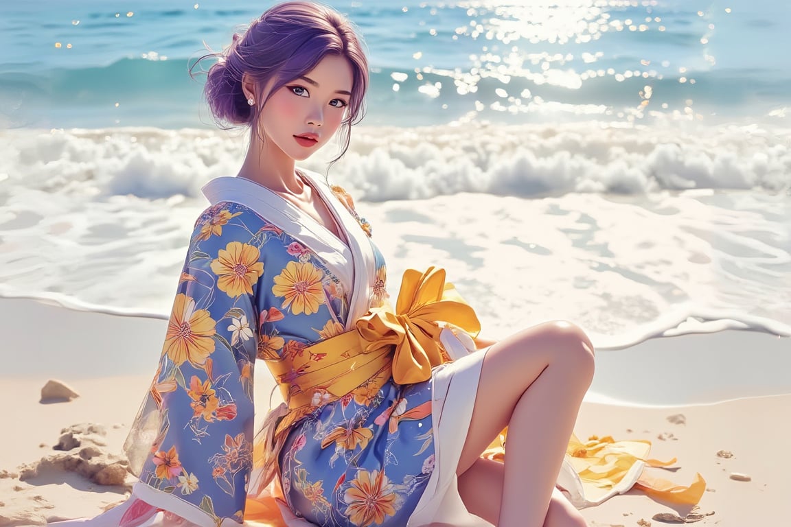 (best quality, masterpiece, super detailed, 8K, RAW image), stylized watercolor digital illustration, beautiful student model, smooth white skin, beautiful face, purple brown hair, detailed blue eyes, intricate short kimono with detailed yellow/blue floral pattern, perfect anatomy, dynamic pose, fashion, bitcoin el Salvador beach setting, cinematic lighting, top view, glow effect, high detail, character sheet, sharp focus, full body shot, extremely fine detail,