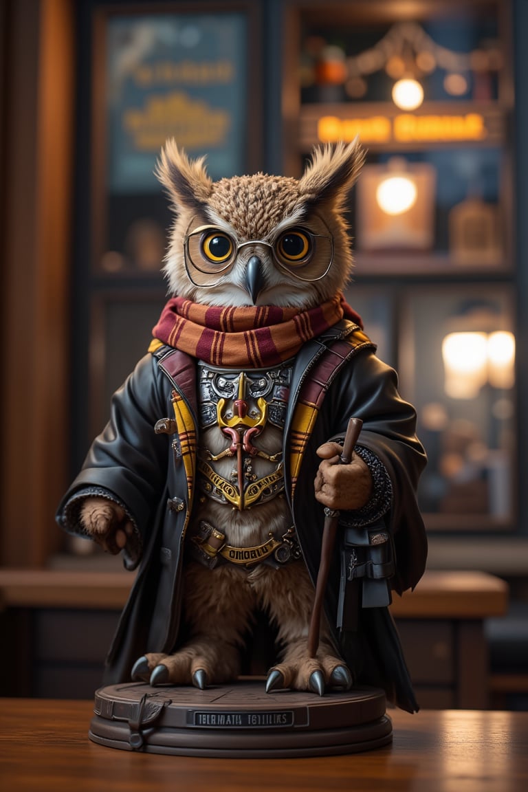 Masterpiece, Professional, Top Quality, High Resolution, Extremely Detailed, Perfectly Detailed, Resin Statue, Best Quality, intricately detailed, absurd, extremely detailed, extremely mechanically detailed, mechanical biological organs, transparent skin, Harry Potter Owl, realistic, photorealistic, fidelity, accurate, vivid, owl, rag doll, Harry Potter theme, costume, glasses, Gryffindor scarf, wand, robe, Hogwarts Express poster, warm light, bokeh effect, wizarding world, animal cosplay, indoors, in focus subject, blurred background, whimsical, fan art, silver frame,