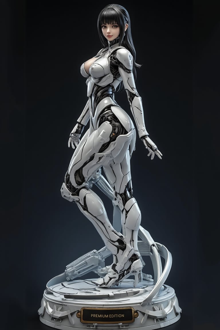 Porcelain figure about a very beautiful girl, black hair, hime cut, black eyes, ((porcelain texture:1)), elegant, full body, mecha girl, smiling, \(perfect anatomy)\, futuristic design, highly detailed, is on a pedestal, sexy pose, looking at the viewer, masterpiece, 8k, stunning image, on the pedestal is a plaque that reads "Premium Edition." .,Resin