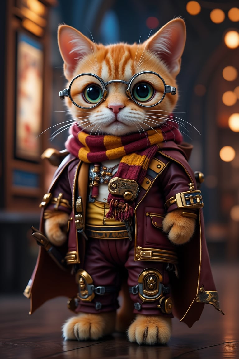 Masterpiece, Professional, Top Quality, High Resolution, Highly Detailed, Perfectly Detailed, Resin Figure, Best Quality,intricate details, absurdres, extremely detail, extremely machinery details,biomechanical organs, see-trough skin, Harry Potter Cat Plush, realistic, photorealistic, fidelity, accurate, vivid,cat,ragdoll,Harry Potter theme,costume,glasses,Gryffindor scarf,wand,cape,Hogwarts Express poster,warm lighting,bokeh,wizarding world,animal cosplay,indoor,focused subject,blurred background,whimsical,fan art,silver eyeglass frame,