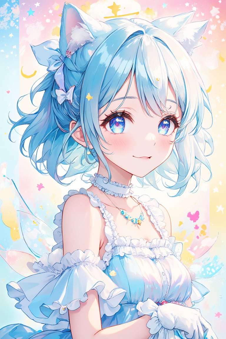 Masterpiece, Professional, Top Quality, High Resolution, High Detail, Perfect Detail, Extremely Detailed, A stunning ink style image! A cute, beautiful woman with ultra-detailed, round, big, droopy blue eyes and a sweet smile gazes directly at the viewer. Her short, blue hair is tied back in a braid with a bow hairband, adorned with a white halo and cat gloves. Detailed elegand dress (light-colored frilled dress) with a choker and sparkles around her eyes, creating an enchanting fantasy scene. The bright, pastel-toned background features a star symbol, adding to the playful, excited atmosphere.