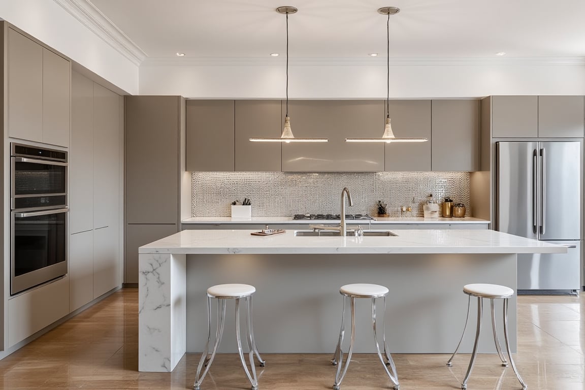 A luxurious modern kitchen in a high-end apartment, featuring a spacious central island with a sleek marble countertop, surrounded by minimalist cabinets with a matte finish. High-end stainless steel appliances, including a built-in oven, microwave, and a large refrigerator, are seamlessly integrated into the design. The backsplash is made of stylish glass tiles, adding a subtle shine. Hanging above the island are contemporary pendant lights, providing focused illuminat
