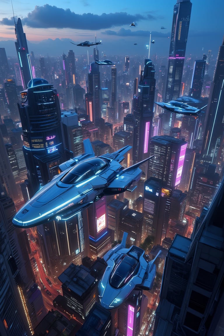 Masterpiece, professional, Top quality, High resolution, high detail, perfect detail, pVR shot: Soar above a futuristic metropolis at dusk/futureurbanday or night/futureurbannight, where the cityscape unfurls in a 360-degree vista. The sprawling urban landscape stretches out before us, punctuated by sleek, levitating transportation pods gliding effortlessly through the air. Vehicle details include glowing accents, iridescent hulls, and retractable wings, while building facades display vibrant neon hues, holographic advertisements, and gleaming metallic surfaces. The aerial traffic congestion above forms a labyrinthine network of twinkling lights, weaving between towering skyscrapers and futuristic architecture.,resin,Enhanced all