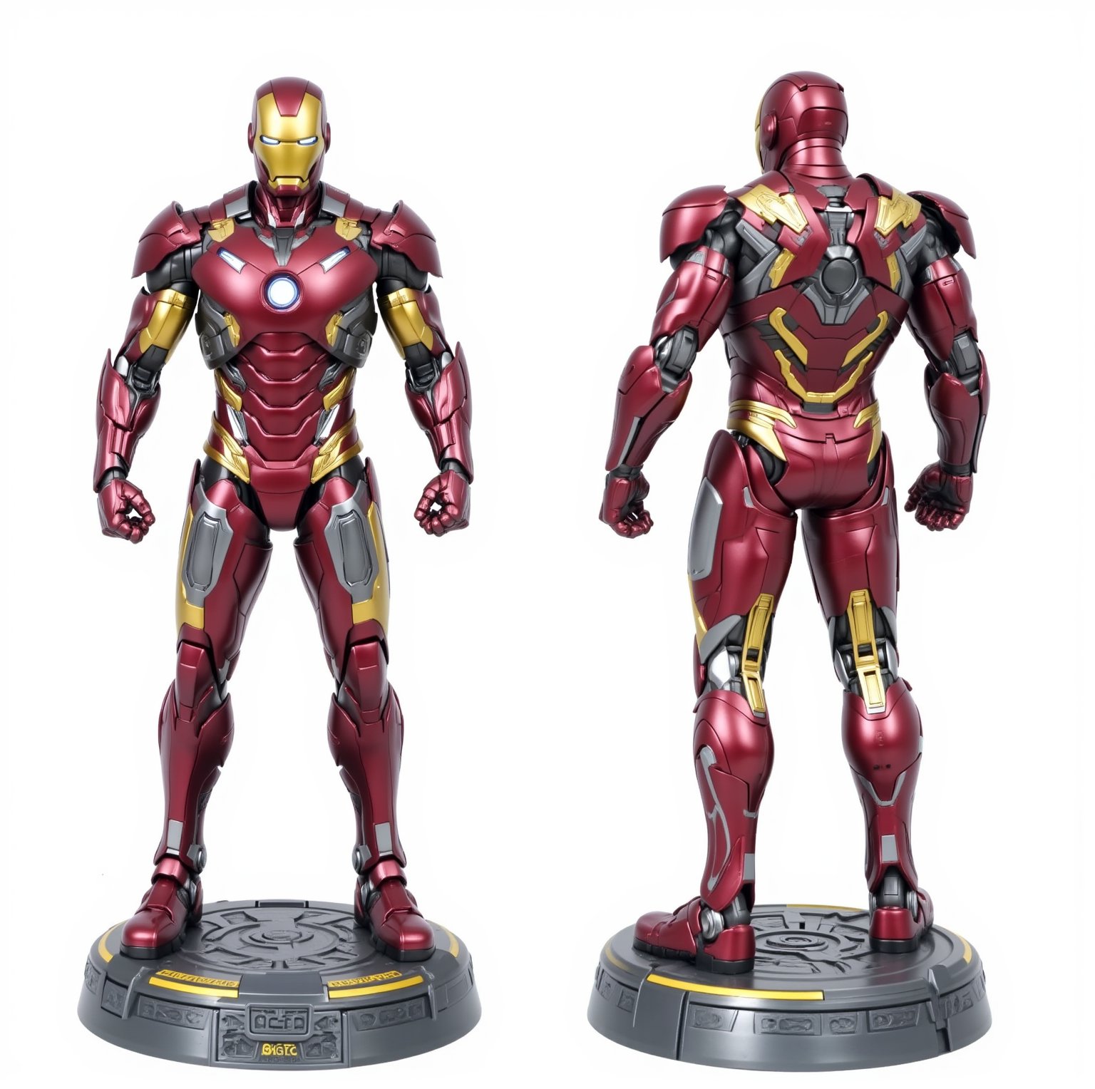 Masterpiece, Professional, Top Quality, High Resolution, High Detail, Perfect Detail, 3D Resin Full Body Robot Figure in  Armor, Muscular Body, Front View, Back View, Hand Detail, Intricate Design, Mechanical Detail, Metal Armor, Iron Man marky Xl 2 Suit, red armor yellow dot, Mechanical Joints, Electronic Structure, Humanoid Robot, Angular Armor, Face Detail, Mechanical Detail, Metal Material, Armor Detail, Helmet, Advanced Technology, Cyberpunk Style, Metallic Color, Sharp Design, High-Tech Cyberpunk, Mecha, Perfectly Customized High-Tech Suit, Thick Metal Round Base with Intricate and Elaborate Design, Detailed Feet and Well-Defined Toes, White Background,soft light