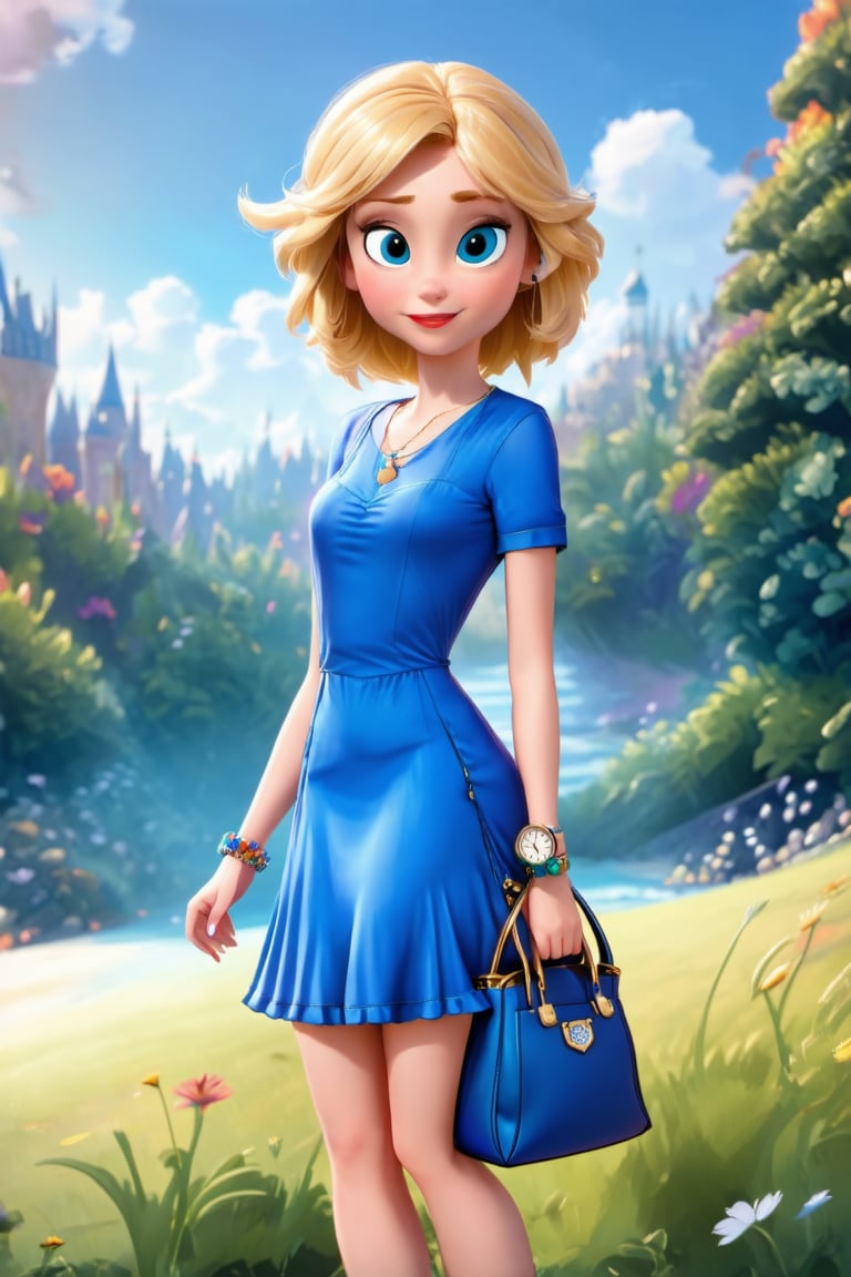 1girl, solo, looking at viewer, blonde hair, blu dress, jewelry, bag, bracelet, watch, handbag, pixar styles, enhance 