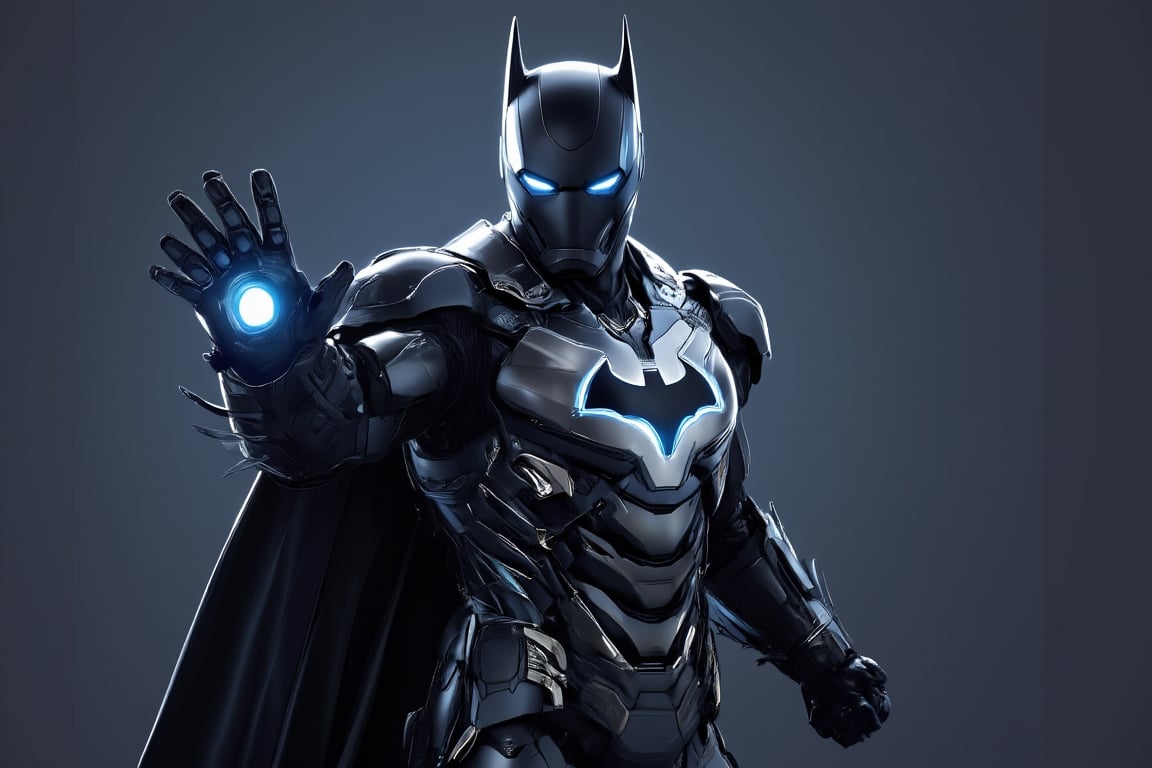 Image of (Batman) inspired Ironman armour, glowing bat symbol on chest, throwing punch, action pose, dynamic pose, aesthetic detailed, ultra high texture details, vector art illustration, semi realistic, 16K UHD, masterpiece, best image, best quality, ultra wide angle image, full body image, ultra high texture details.