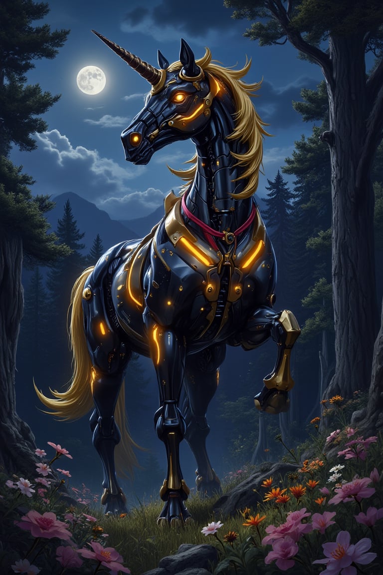 Masterpiece, Professional, Top Quality, High Resolution, Highly Detailed, Perfectly Detailed, intricate details, absurdres, extremely detail, extremely machinery details,biomechanical organs, see-trough skin,A digital painting of a black and gold unicorn. The unicorn has a long horn on its head. There are trees behind the unicorn. There is a red ribbon around the neck of the unicorns neck., robot, no humans, glowing, moon, night, single horn, glowing eyes, solo, full moon, flower, robot joints, horse, mecha, horns, outdoors, mechanical parts, tree, non-humanoid robot, nature, night sky, orange eyes, science fiction