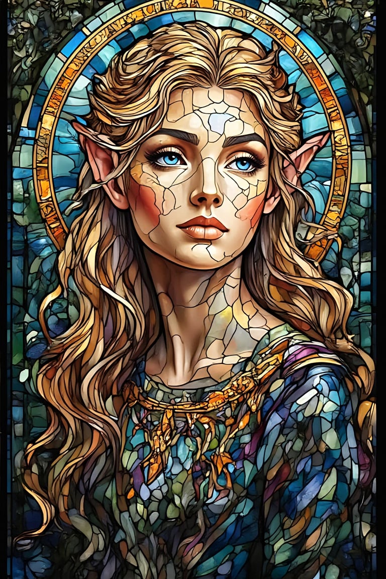 Create a stunning piece of stained glass art featuring a beautiful female elf with long, flowing blonde hair and striking ocean blue eyes. Her facial features are elegant and refined, with high cheekbones, a slender nose, and a serene expression. The glass should be brightly colored, with intricate patterns around her head, reminiscent of nature or elf symbols. Her face should be depicted without the stained glass distortion, appearing smooth, flawless, and clear, as if untouched by the glass. Include natural light streaming in from behind, illuminating the stained glass with a soft, golden glow that accentuates the rich colors and intricate details. The light should cast vibrant reflections onto the surroundings, creating a magical, ethereal atmosphere that enhances the elf's beauty and grace. Focus on blending classic stained glass techniques with elf fantasy elements, using light to bring the scene to life while maintaining the perfect clarity of her face