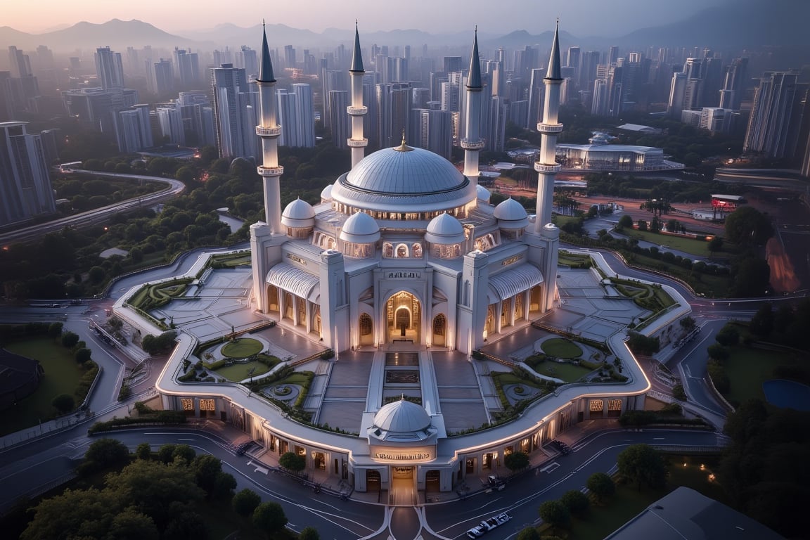 Masterpiece, professional, Top quality, High resolution, high detail, perfect detail, 3D text landscape with lighting "SHAH ALAM" wrap around shah alam mosque,aeriel view of shah alam.selangor., 3d render, illustration, architecture