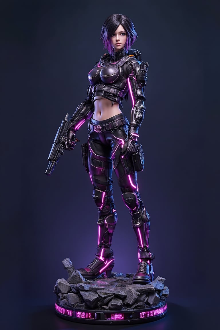 ((1woman)),  Anime girl, full body, 3D figure girl, with great attention to detail, beautiful and delicate eyes, Cyberpunk anime girl, wearing neon tactical clothes, holding a laser gun, standing on a rubble base, detailed, dynamic beautiful pose, dynamic pose, natural light, ((realistic)) quality: 1.2), dynamic distance shot, cinematic lighting, perfect composition, super detail, masterpiece, (best) quality: 1.3), reflection, high resolution CG Unity 8K wallpaper, simple background, masterpiece, (photorealistic): 1.2), random angle, side angle, full body, Mikdef,resin,Resin