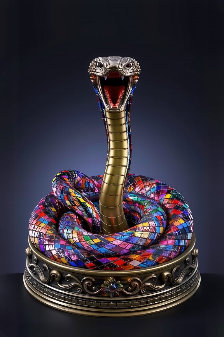 3d rendering,figure resin, basic base ,(masterpiece, best quality),A majestic cobra is coiled in a defensive position, its body curving gracefully while its head stands tall, mouth wide open to reveal razor-sharp fangs and its signature forked tongue. The entire snake is crafted from high-quality glass, with its scales reflecting a spectrum of colors, inspired by the intricate patterns of stained glass windows. Each scale glows with a mesmerizing blend of hues, creating a dynamic, iridescent effect. The cobra sits atop a round pedestal adorned with elaborate Gothic-style patterns, featuring ornate floral and geometric designs, adding a sense of elegance and mystique to the scene,Glass