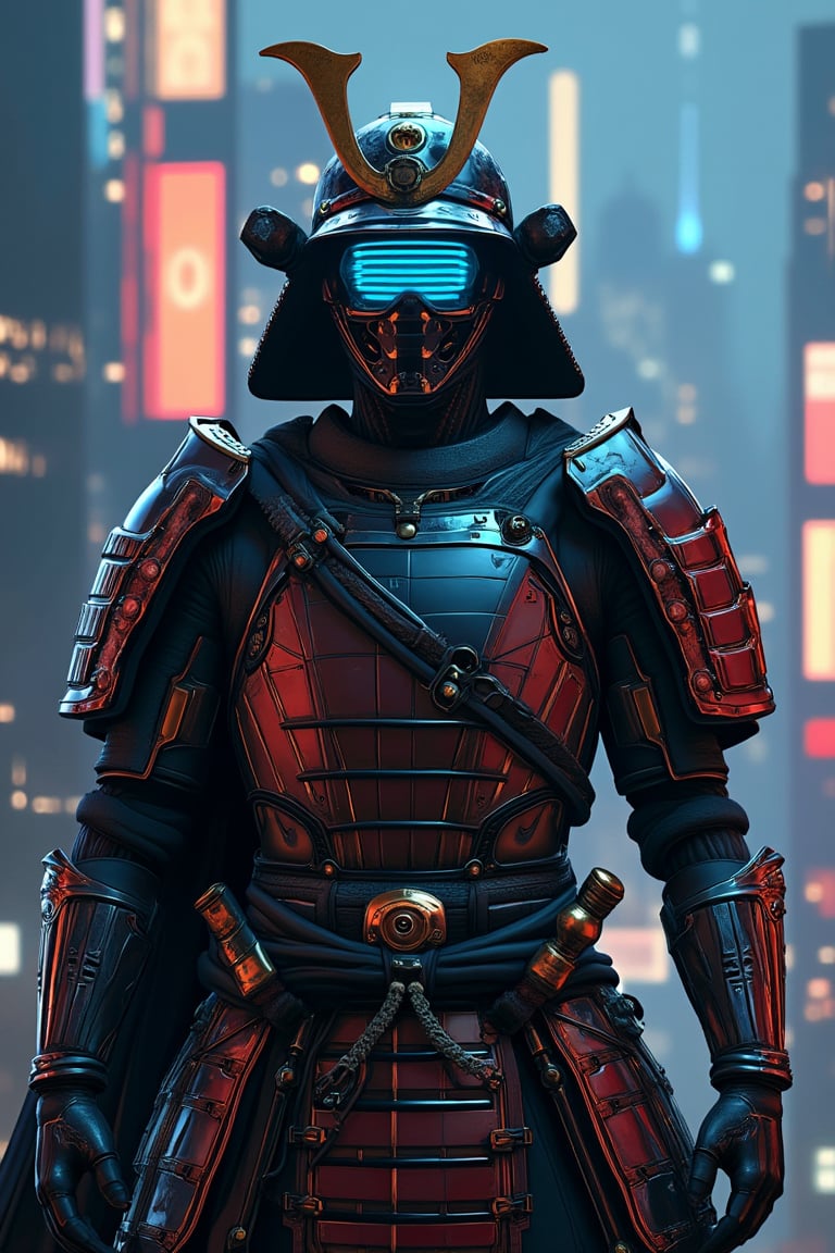 Digital illustration depicting a futuristic samurai warrior in sophisticated cybernetically enhanced armor. The samurai's face is hidden inside an advanced holographic helmet, Samurai armor combines traditional Japanese design elements, such as decorative shoulder guards and sashes, with advanced cybernetic enhancements such as articulated joints, glowing circuitry, and metallic luster. A dimly lit futuristic cityscape background filled with towering skyscrapers and neon-tinged clouds,,cyberhelmet,real robot