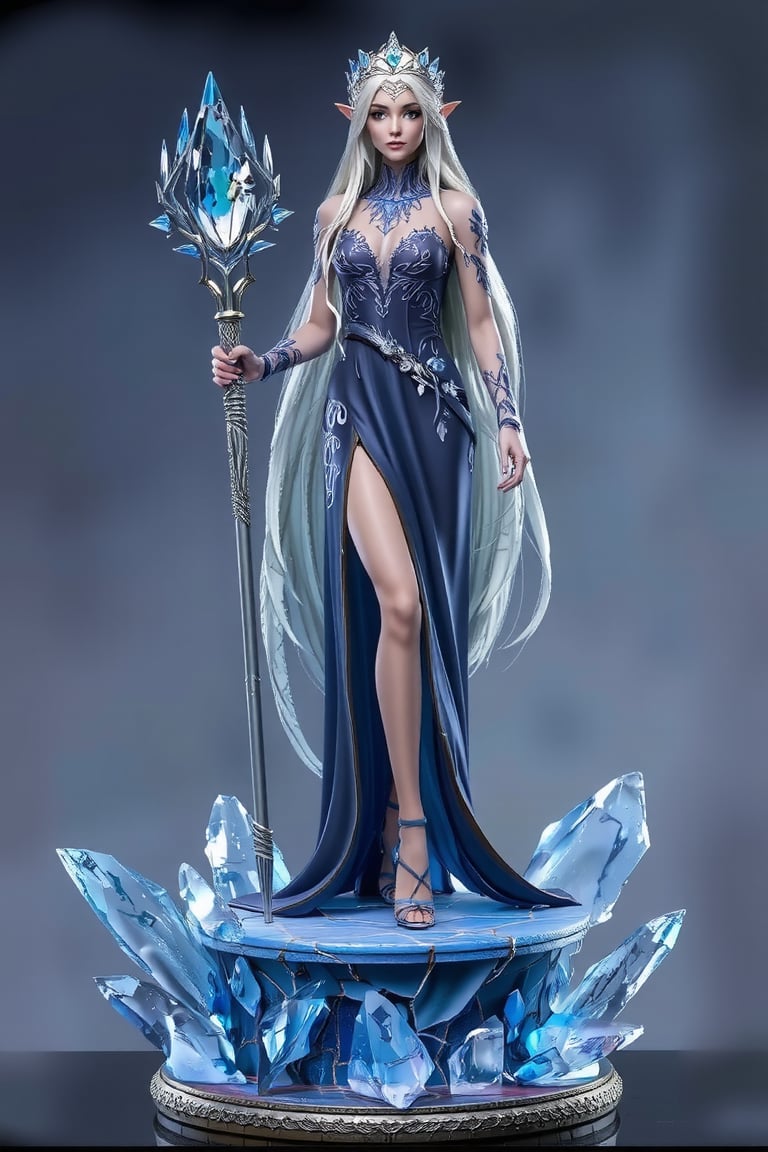 A majestic elf ice queen stood tall, her long white hair cascading down from a crown of ocean blue gemstones. She wore an elegant, floor-length, dark blue dress with an impressive thigh-high slit, revealing her long, beautiful legs. The white dress was decorated with intricate ice crystal designs, adding to her graceful beauty. On her feet were high heels carved from sparkling ice. In her hands, her pale hands held a long, ground-touching staff intricately designed with intricate patterns with a transparent ice crystal embedded at the top. Below her, a circular base that simulated the frozen ground, cracked with sharp hexagonal ice shards protruding from it. Icy mist surrounded the base, exuding a chilling aura of majesty