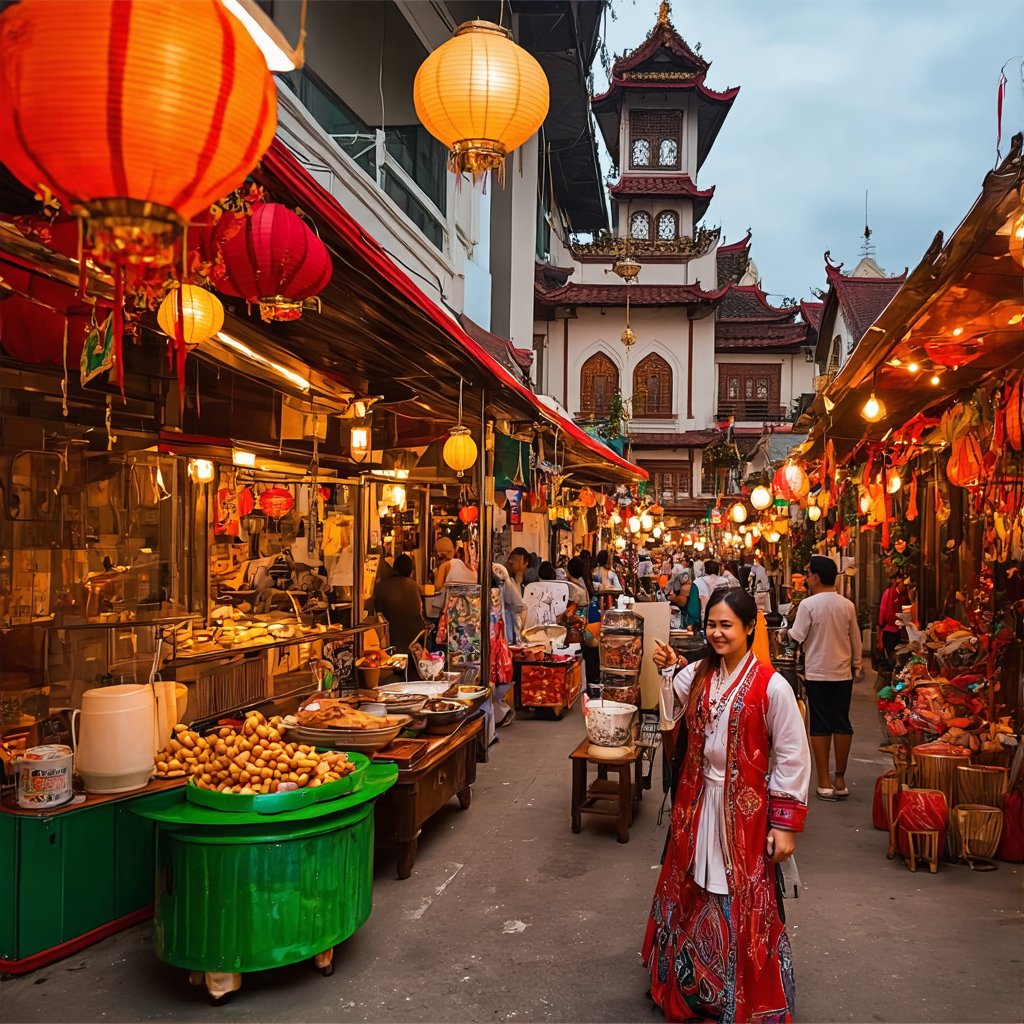 A vibrant street scene in Malaysia: A bustling night market in Penang's George Town, with colorful lanterns and twinkling lights illuminating the alleyways. Vendors dressed in traditional attire offer local delicacies and souvenirs. In the distance, the iconic Cheong Fatt Tze Mansion stands tall, its intricate Moorish-style architecture a blend of East and West. The atmosphere is lively, with the sounds of laughter and sizzling street food filling the air.