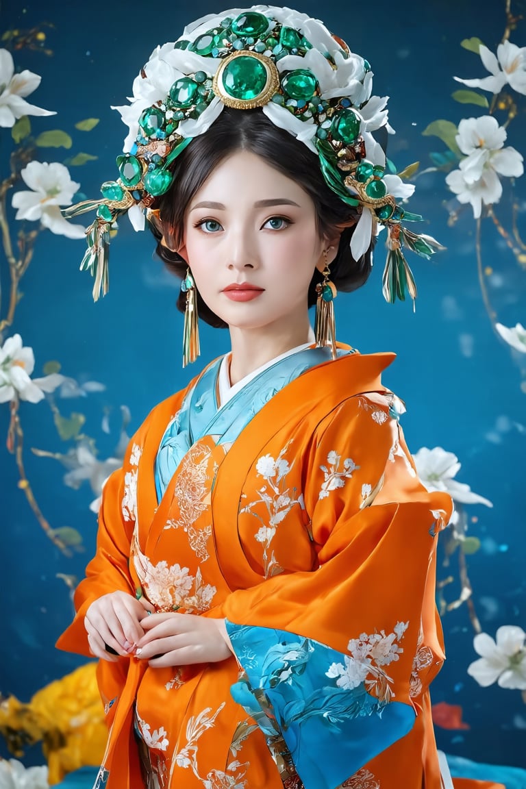 best quality, 4K, 8K, high-resolution, masterpiece, ultra-detailed, photorealistic,  a beautiful woman in an orange and blue kimono with a headdress made out of turquoise and emeralds, woman, looking at viewer, blue eyes, jewelry, green eyes, earrings, horns, makeup, portrait, gem, realistic, straight-on, blue gemstone, green gemstone